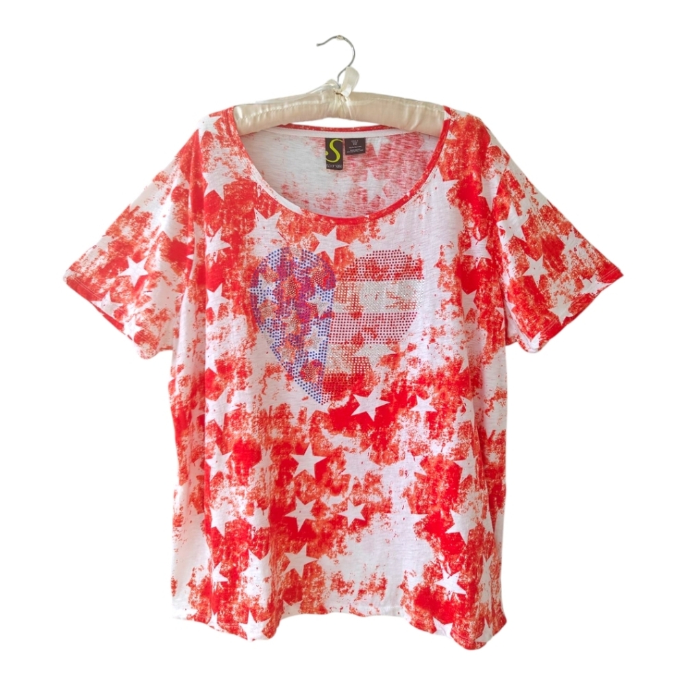 Sportelle Patriotic Star Patterned T-Shirt With Sequin Studded Flag Heart